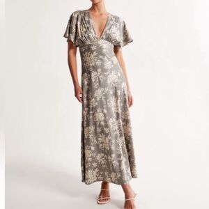 Elegant Gray Floral V-Neck Maxi Dress